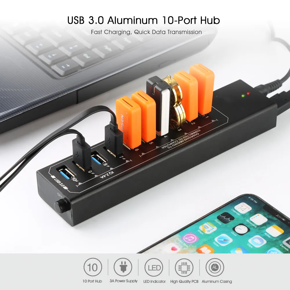 Powered USB 3.0 Hub, 10 Ports USB Hub Splitter