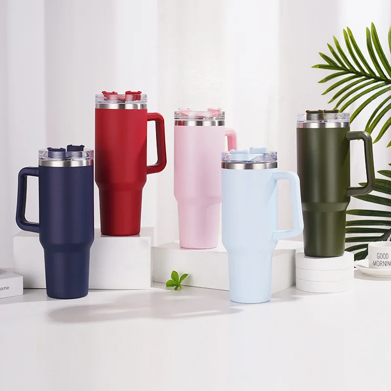 Stainless Steel Vacuum Insulated Travel Mug Vacuum Cup 40oz Tumbler With Handle Lids And Metal Straw studded Leopard