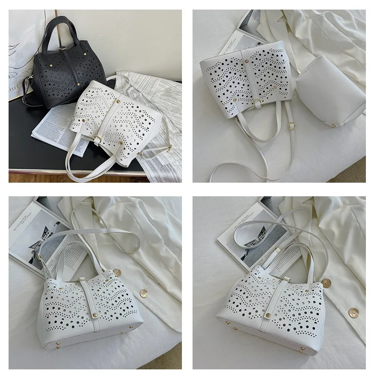 Fashion Summer Women Hollow Out Casual Tote Lady Composite Handbag Black White Shoulder Bag Plain Handbag