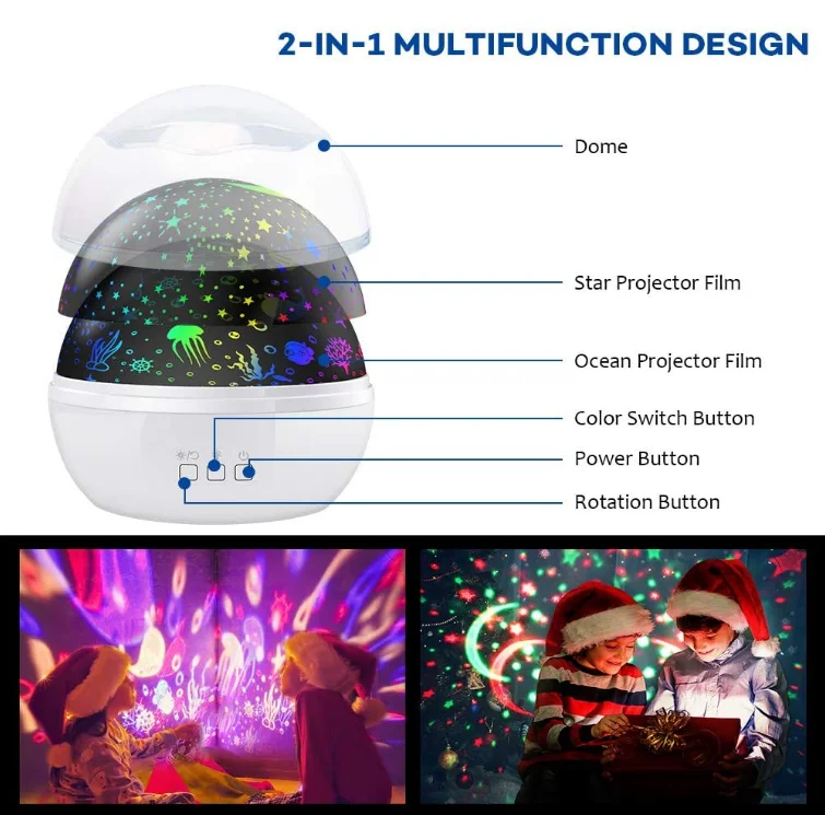 Night Light Projector,Delicacy 2 in 1 Ocean Undersea Lamp and Starry Sky Projector, 360 Rotating 8 Colors Mode LED Night Lights