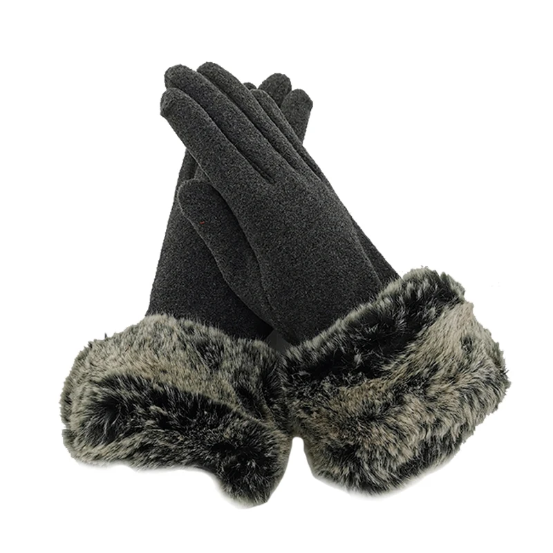 women gloves 4 way stretch Winter warm full finger polar fleece glove with fake fur cuff