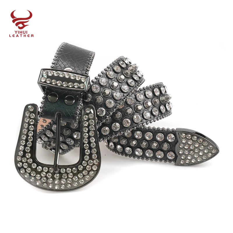 ECO factory cowboy removable buckle black rhinestone belts hot sale cowboy stud rivet belts