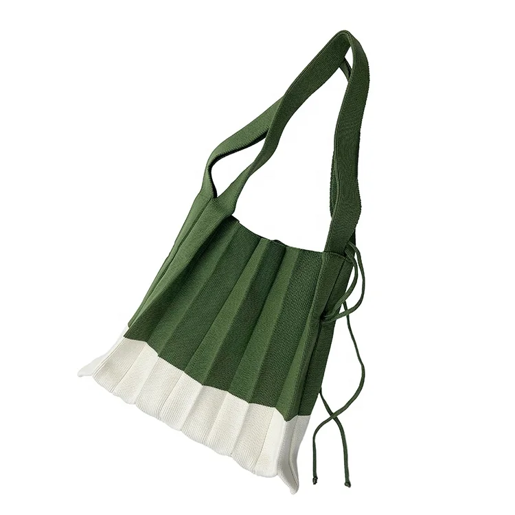 Japanese Designer Pleated Drawstring Canvas Folding Shopping Splice Woolen Knitted Color Block Wrist Handbag