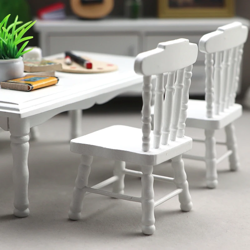 1:12 Wooden Dollhouse Miniature Furniture Restaurant Micro Scene Model Decoration White Dining Table Chair