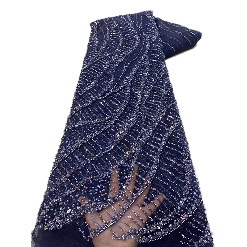 NI.AI New Fashion Beaded Lace Pearls Sequin Fabric Embroidered Sequins Stripe Lace Fabric Net Lace for Dress