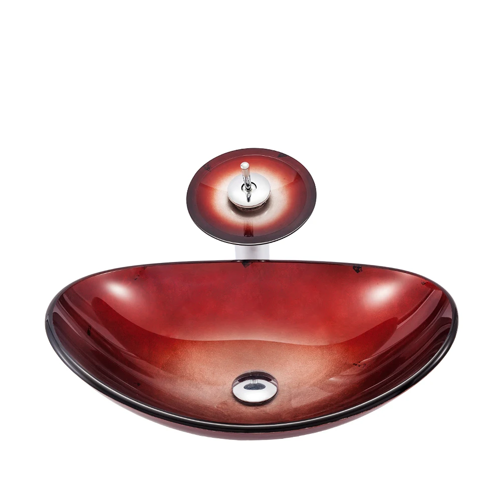Foshan Supplier Cheap Sanitary Ware Glass Counter top Red Boat Oval Shape Washbasin