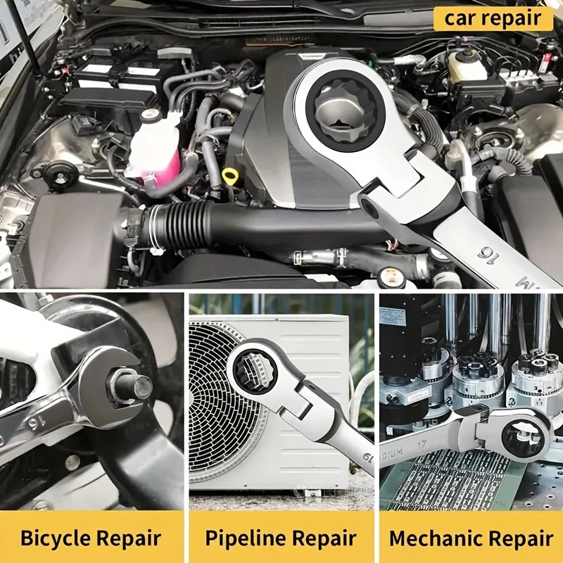 Single Flex Head Ratcheting Wrench Set- Metric Ratchet Combination Wrenches CrV Gear Spanner Set Car Key Wrench Repair Tool Set