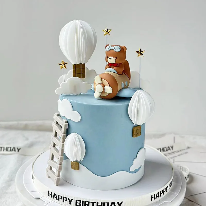 Cartoon Happy Birthday Cake Decorations For Boys Girls Cute Pilot Bear Soft Glue Doll Baby Shower Supplies