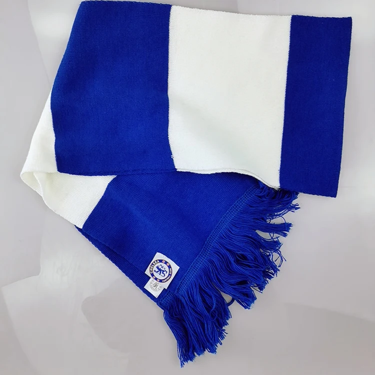 Low MOQ New Style  Wide Stripe Printing Your Own Design Plush Scarf Blue And White