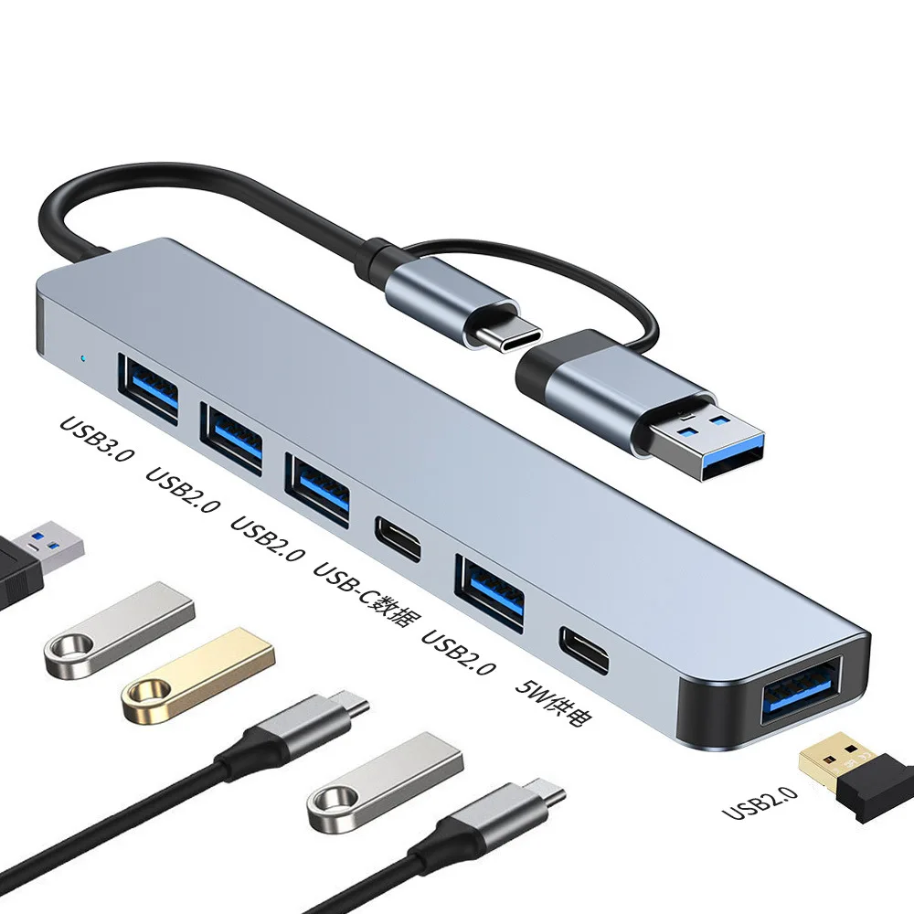 4 5 6 7 8 Ports USB Hub 2.0 3.0 Multifunctional Adapter Aluminum Usb-c Hub Splitter For Laptop Desktop Computer Monitor