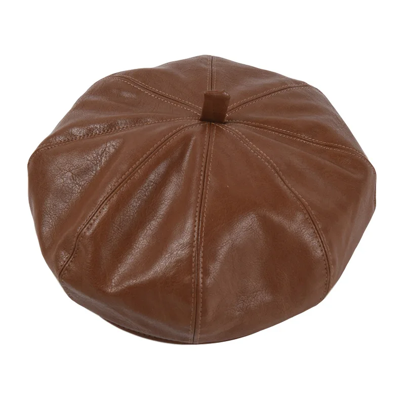 Simple PU Leather Beret Ladies Solid Color Adjustable Painter Hat Autumn Outdoor Travel Cap Male British Style Hats