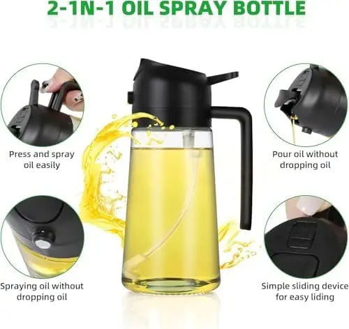 Kitchen Reusable 2 in 1 Oil Sprayer 470ml Glass Olive Oil Dispenser Sprayer for Camping Cooking Salad BBQ Beef Oil Spray Bottle