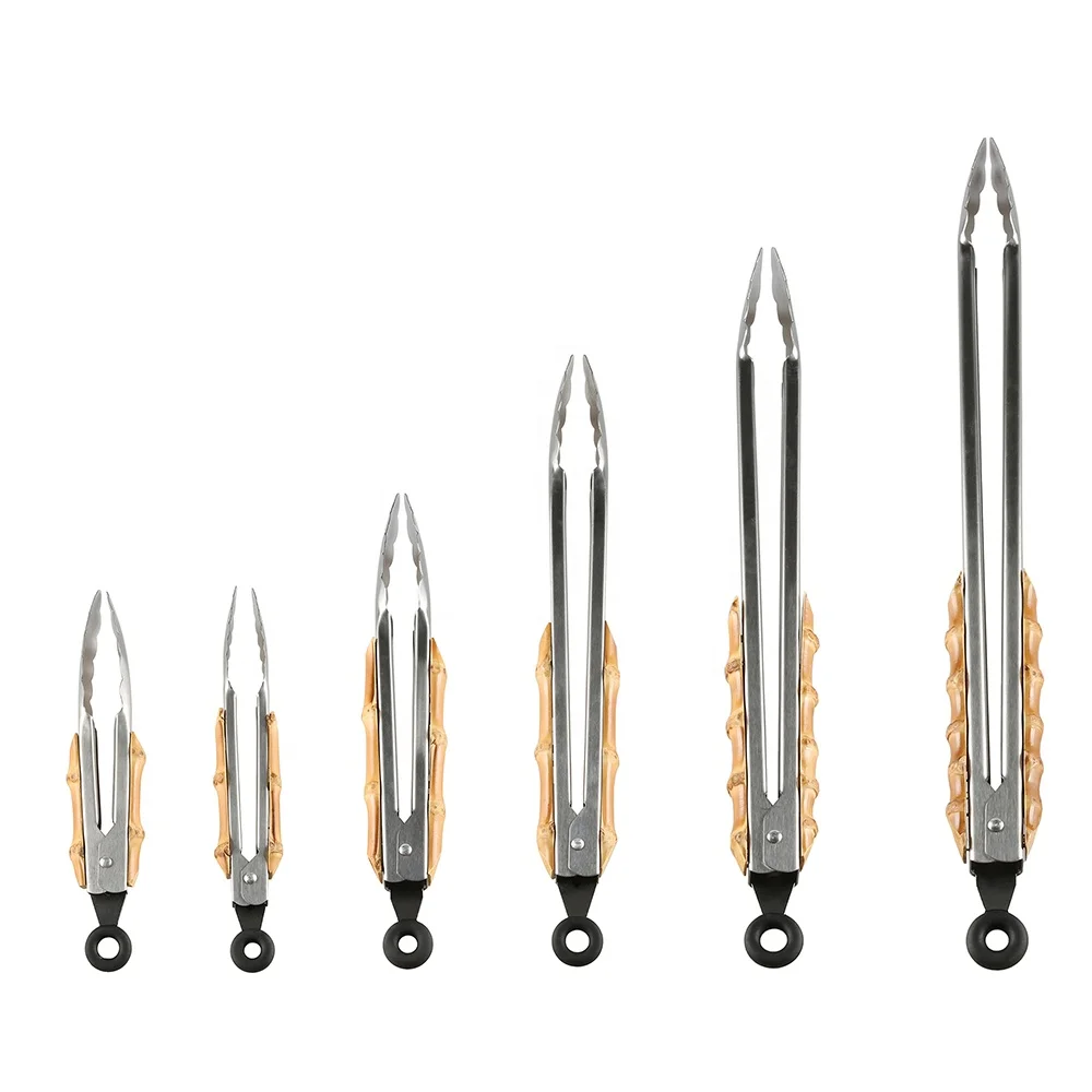 Kitchen Cooking Utensils Baking BBQ Barbecue Tool Stainless Steel Bamboo Root Wooden Handle Locking Food Serving Tong