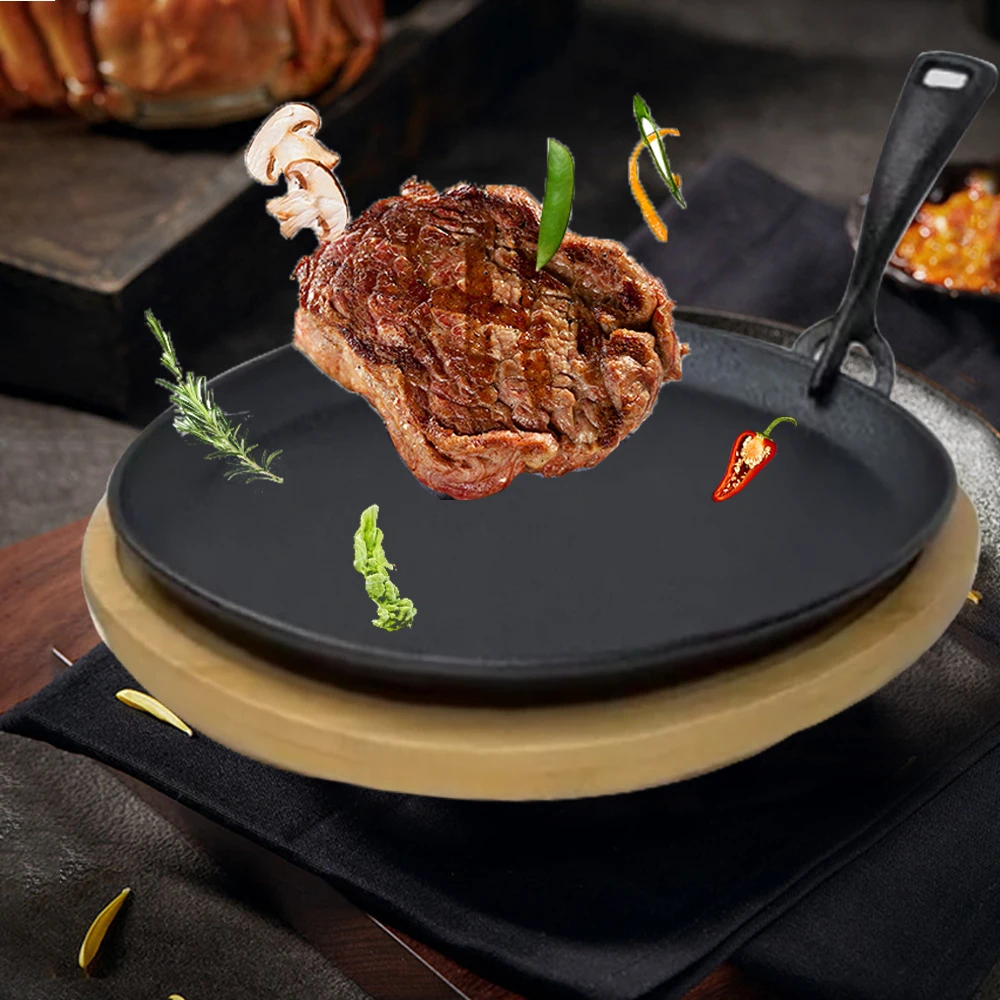 Youlike New Arrival Pre-seasoned Oval Cast Iron Sizzler Pan with Wooden Tray for Kitchenware