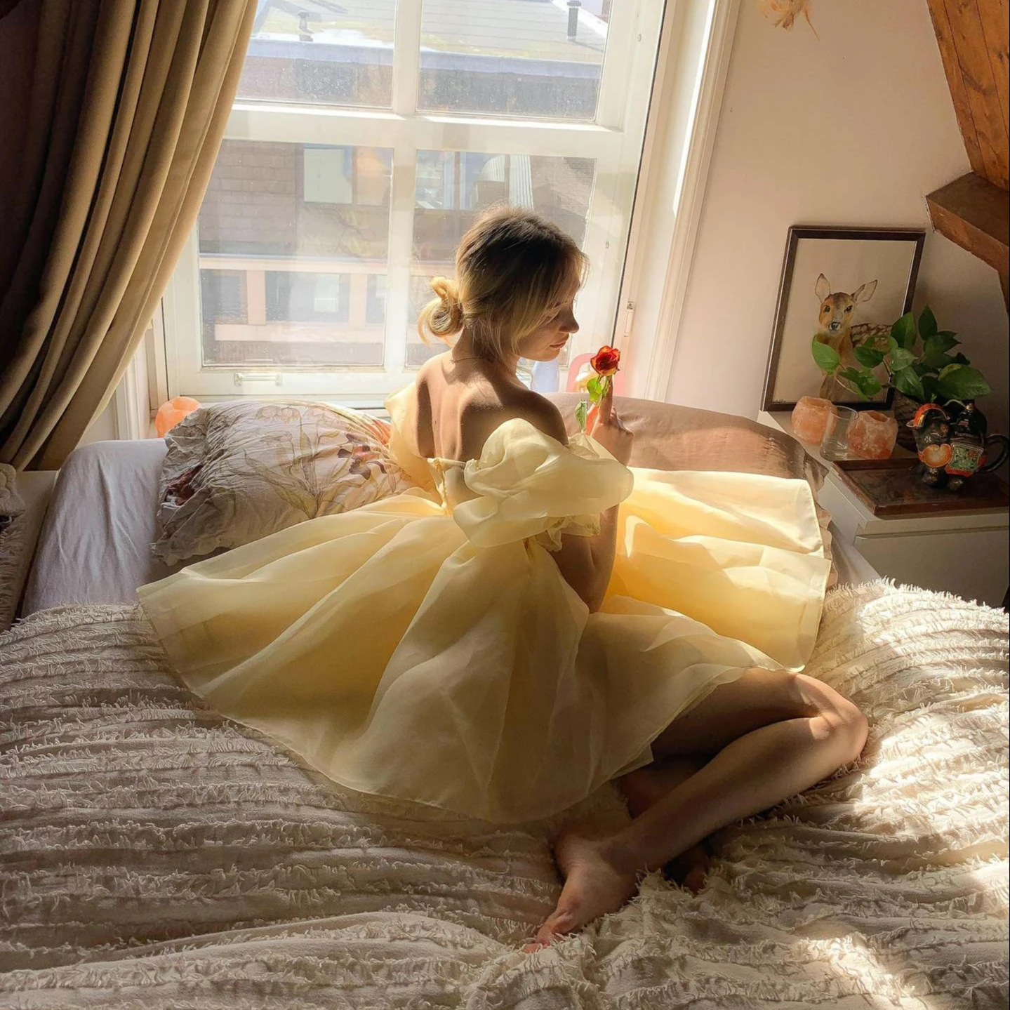 King Mcgreen Star Elegant Puff Sleeve Big Hem Princess Dress Tie-dyed Printing Solid Color Square Collar Ball Gown Lady Girl