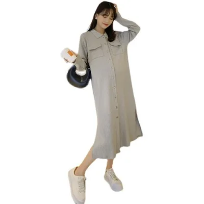 
Maternity simple Dress autumn/winter 2021 new lapel pocket mid long button lactation dress 
