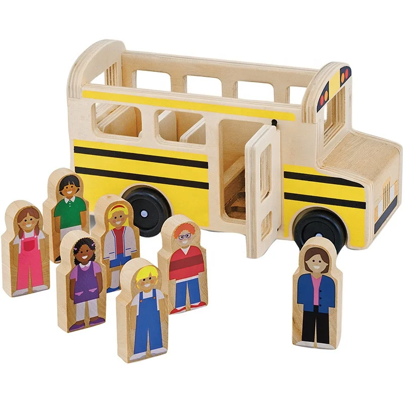 C02227 High quality toddler kids montessori wooden learning play set wooden school bus toys wooden pretend play toys