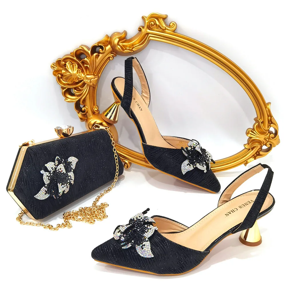 2023 New Arrive Shoe And Bag Set For African Women Square Heel Low Heel Women Italian Shoes Blue Shiny Sandals Bow Tie Slippers