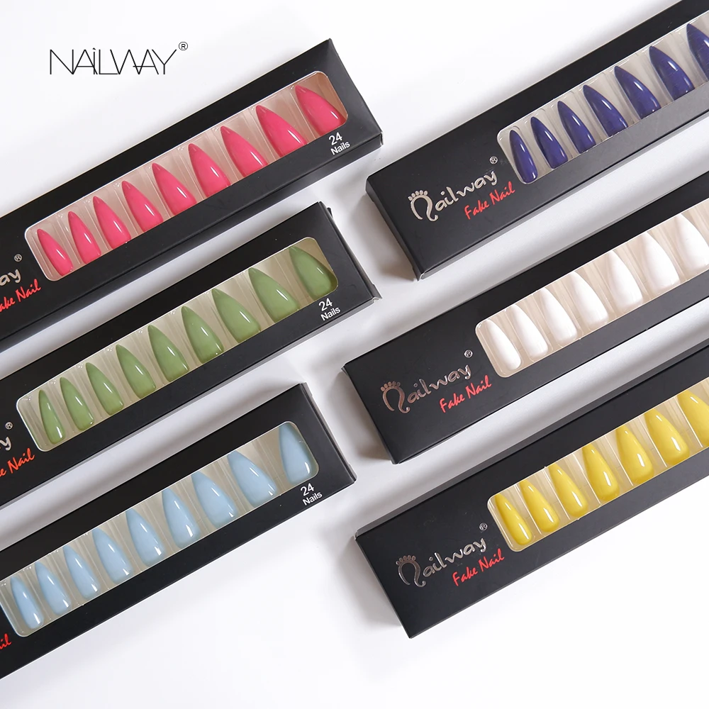 Factory Price Full Cover Long Stiletto Glossy Pure Color False Nails ABS Press