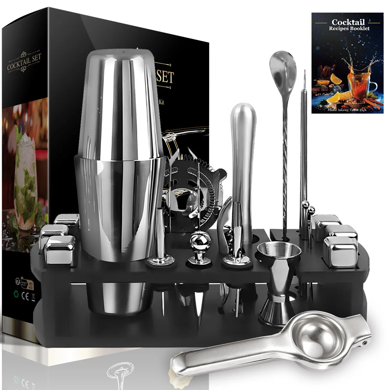 Custom Sustainable Eco Friendly 2024 New 750ML Bartender Kit Stainless Steel Bar Tool Accessories Wooden Frame Wine Mixer Set