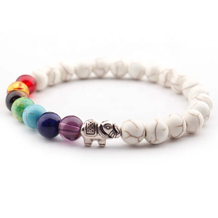 White Crystal Beaded Stretchy Turquoise Howlite Bangle 7 Chakra Elephant Bracelet
