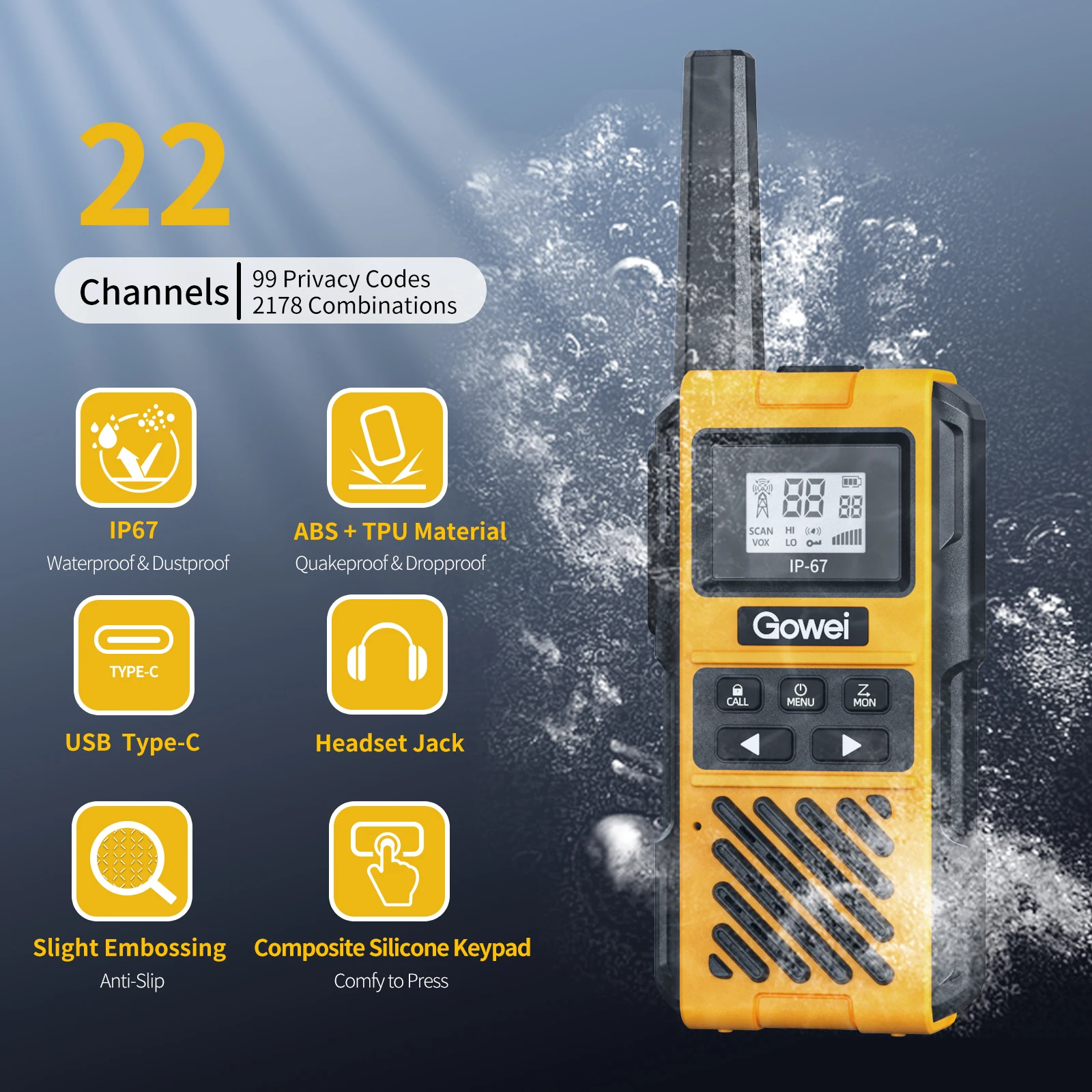 22 Channel IP67 Handheld 2 Way Radio Rechargeable with VOX,Two Way Radios Long Range Walkie Talkies