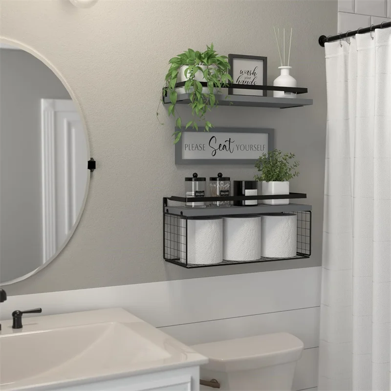 2024 Floating Shelves with Wall Bathroom Shelves Over Toilet with Wire Storage Basket Wooden Wall Shelf