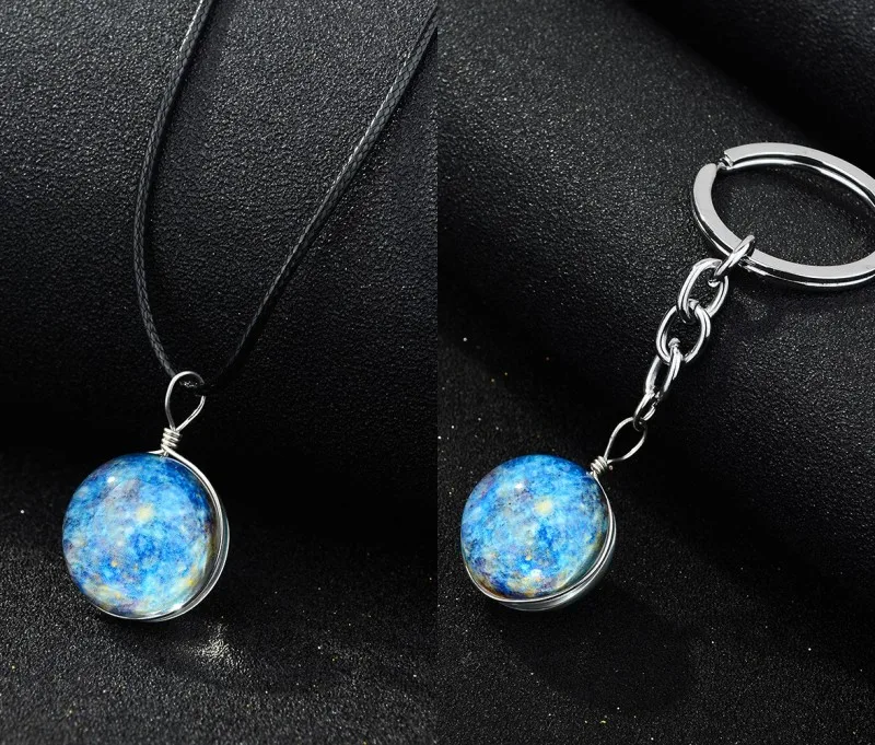 Solar System Necklace Galaxy Planet Pendant Double Side Glass Crystal Ball Universe Necklace Key chain Handmade Jewelry Set