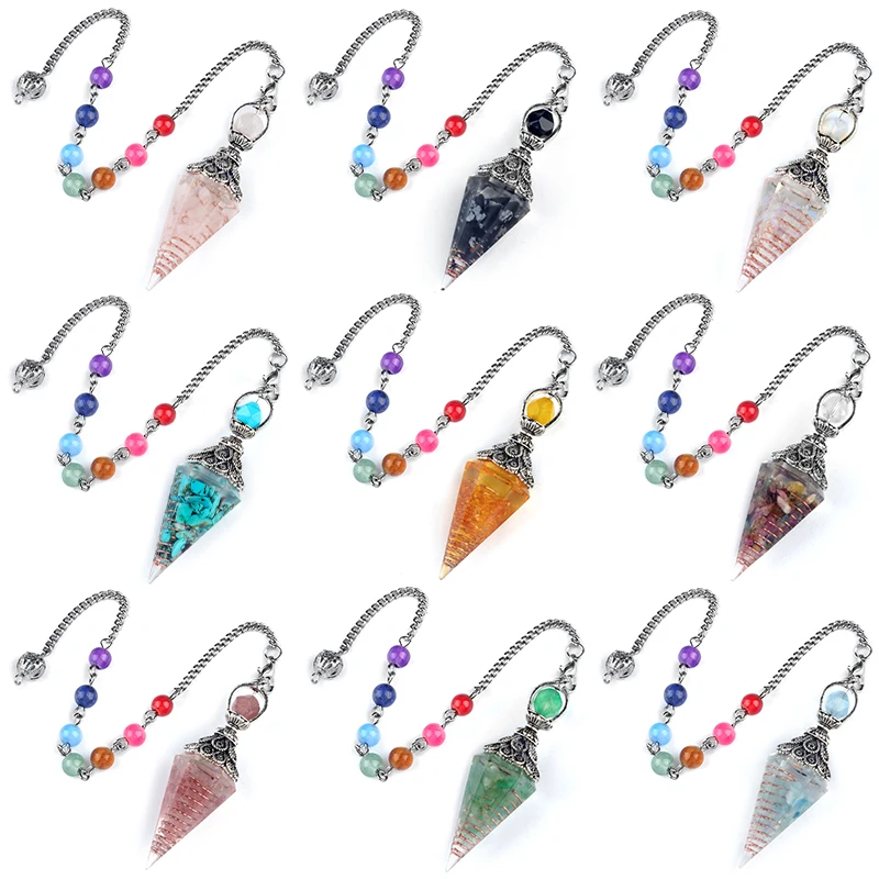 Antique Silver Colorful Spirit Pendulum Semi precious Stone Resin Orgone Pendant Hexagon Cone Pyramid Pendulum With Chain