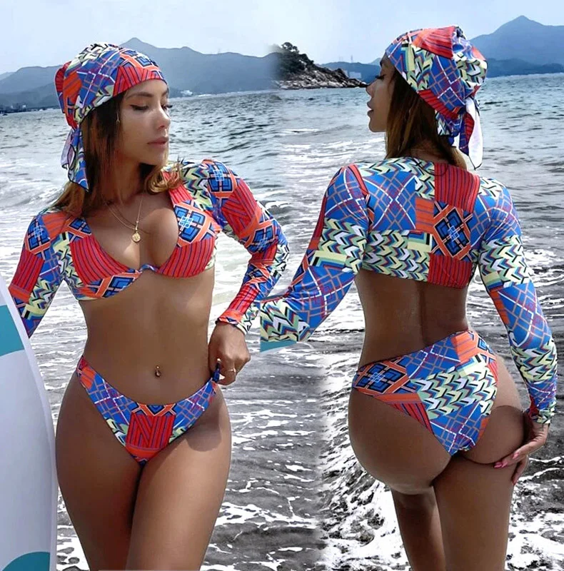 Ladymate ODM/OEM Banador bikini Sexy Women Swim Wear Long Sleeve Bathing Suit Patchwork Printed Underwire Bikini Swimsuits