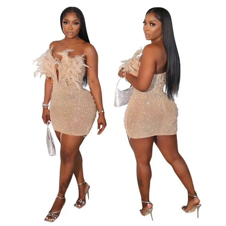 New Arrivals 2024 Women Sexy Strapless Off Shoulder Rhinestone Feather Mesh Crystal Bodycon Mini Dress