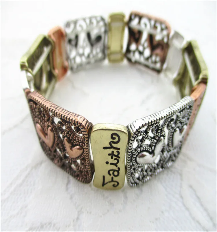 filigree texture mixed plating words of hope,faith,love engraved bracelet