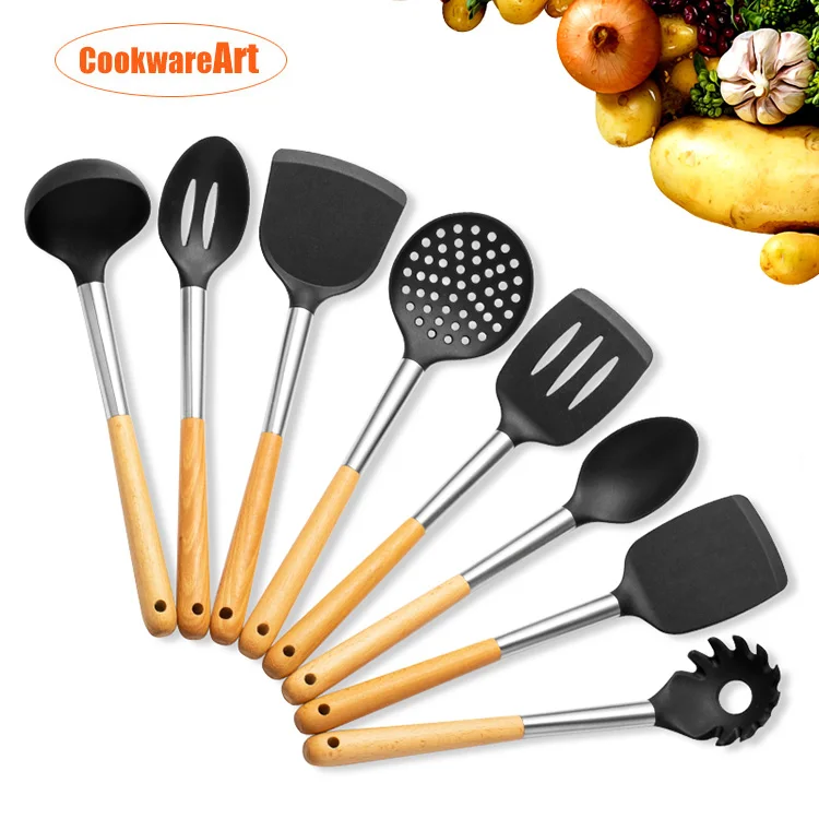 Heat resistant non-stick beech wood kitchen utensil set wooden handle silicone kitchen utensil set cooking tools stainless steel