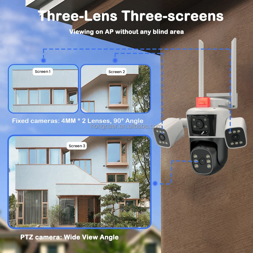 Factory Price 6K Full HD Three Lens Wireless WiFi Surveillance PTZ IP CCTV Cameras 360 Outdoor WiFi Security Camera