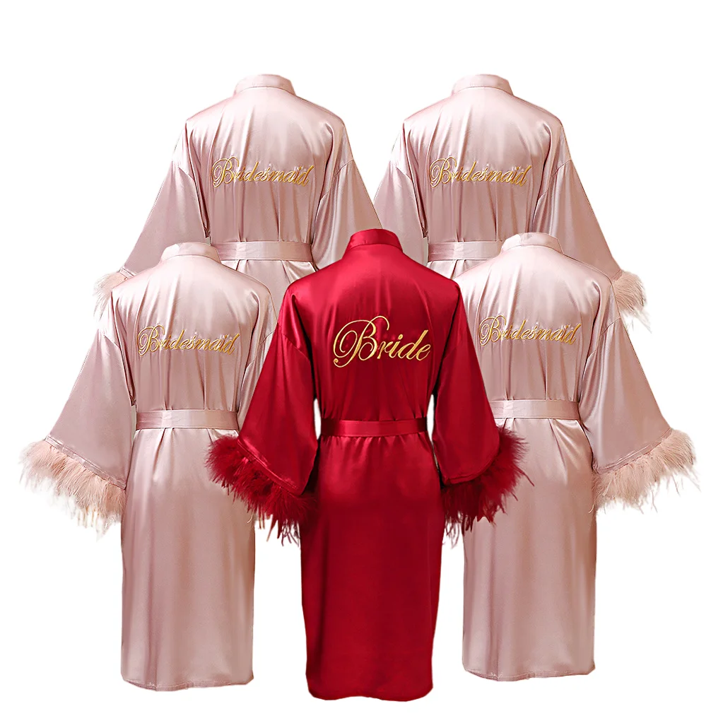 2021 Ostrich Feather Silk Satin Pajama Pink Pajamas With Feathers Wedding Bridal Party Satin Feather Robes