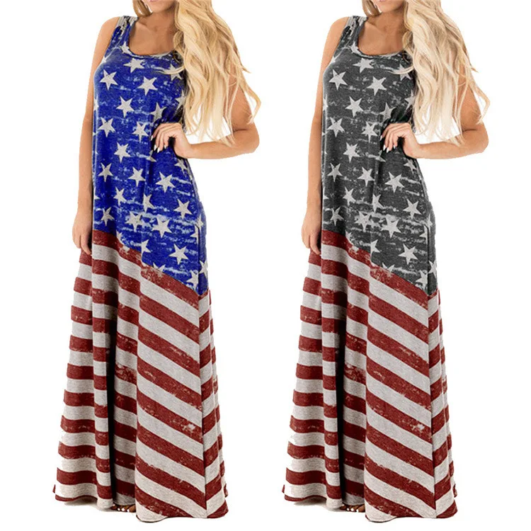 Women American Flag Printed Casual Long Maxi T Shirt Dresses Summer Sundress