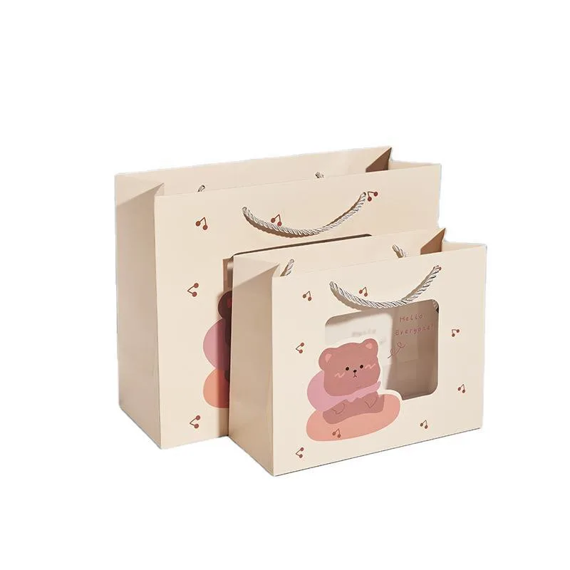 Оптовая продажа милый упаковочный мешок Пользовательский логотип розовые бумажные подарочные пакеты с ПВХ окном