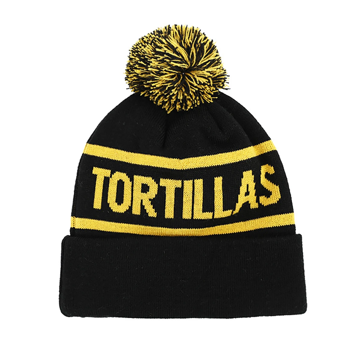 Promotional Custom Logo Embroidery Patch Jacquard Acrylic Knitted Mixed colors  Pom Pom Beanies Hat with top ball and Brim Cuff