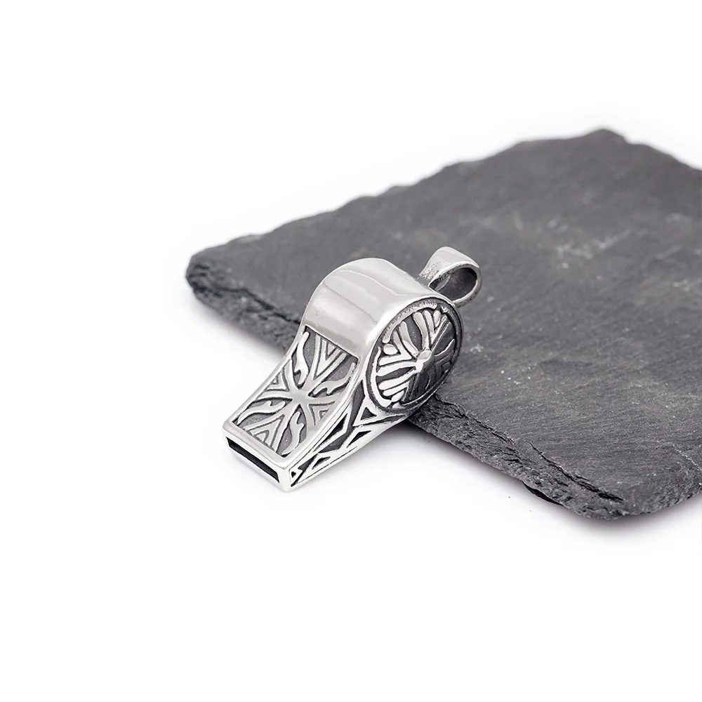 Supertextural Exquisitely Carved Masculinity Pendant With Box Chain Non Tarnish Silver Stainless Steel Whistle Men Necklace