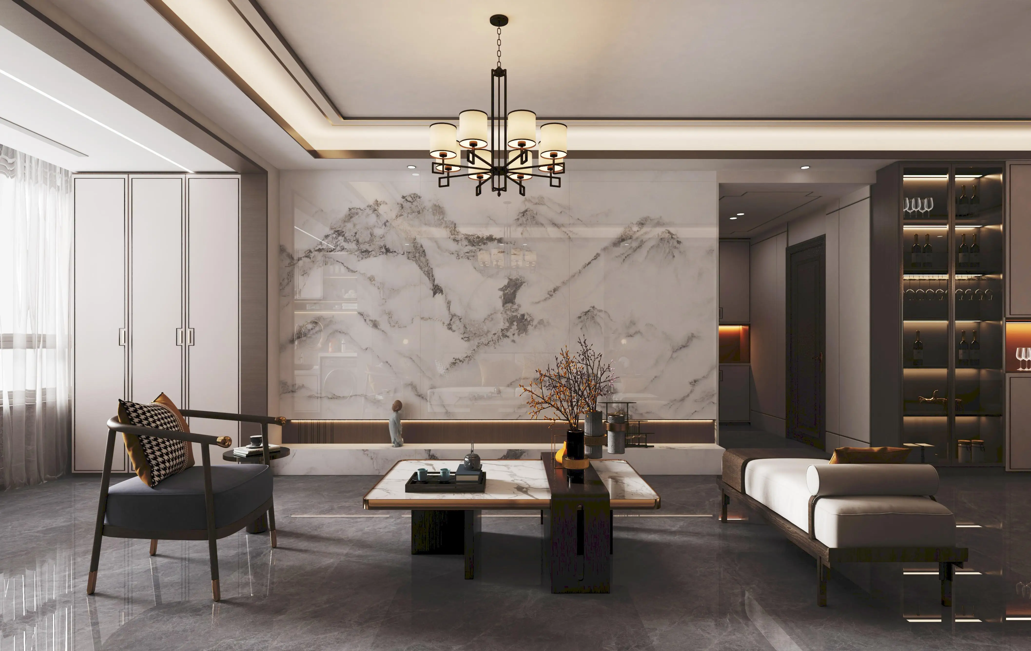 Foshan White Porcelain Polished Glazed Ceramic Tile Mountain Pattern Marble Stone Slab for Hall Landscape Laundry Application