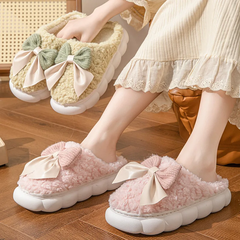 Bow cotton slippers 2024 new lovely female home autumn winter indoor warm cotton slippers winter