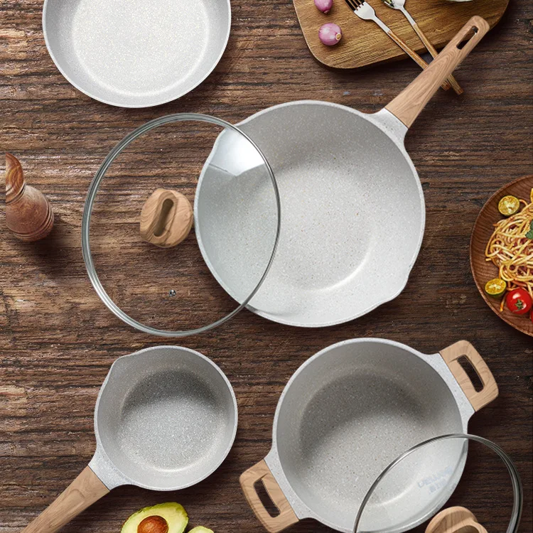 Wholesale Eco-friendly Smokeless Wok Soup Pot Maifan Stone Pots And Pans Premium Die Cast Home Kitchen Non Stick Cookware Set