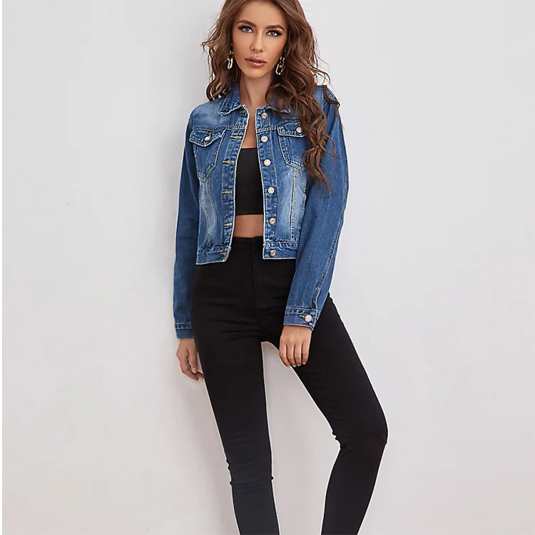 New customized jean ladies coat fashion indigo denim jacket custom medium wash button front denim jacket