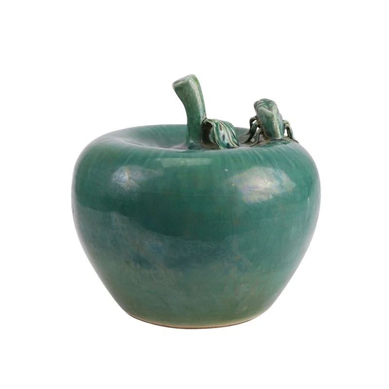 RZKR58-A Dark Green color glazed Apple pattern Ceramic sculpture Statues for home decoration
