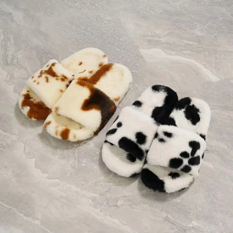 Light Soft Dairy Cow Print Fur Slippers Winter Warm Plush Shoes Slides for Women Girls House Flat Slides Wholesale