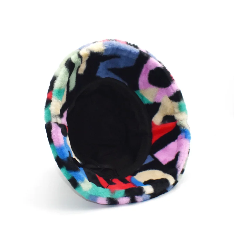 New Arrival Artificial Rabbit Fur Material Colorful Pattern  Bucket Hat