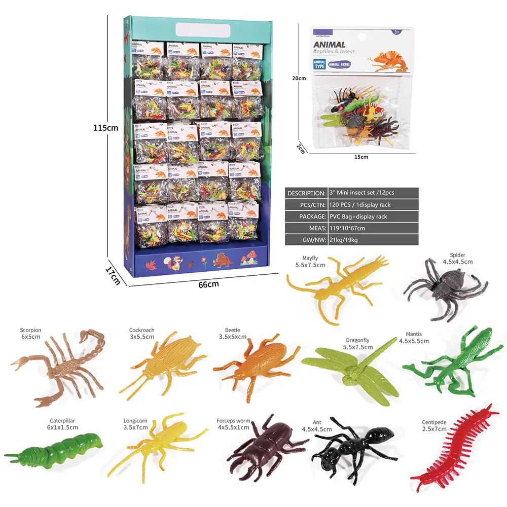 Display rack pack 120pcs natural world insect fish model cheap small plastic animal mini toy