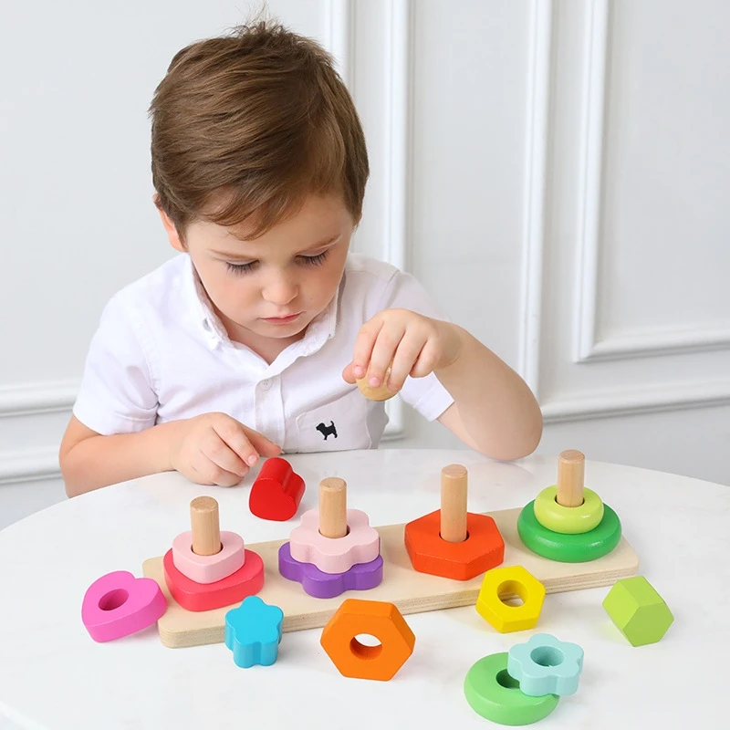 Kids Rainbow Wooden Educational Toy Multicolor Shape Sorter Stacking Block Geometric Stacker