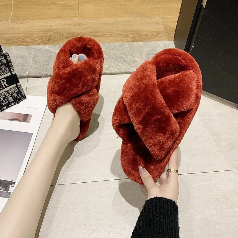 
Customized large size cross hairy slippers women thick-soled elastic band open toe plush slippers for ladies 