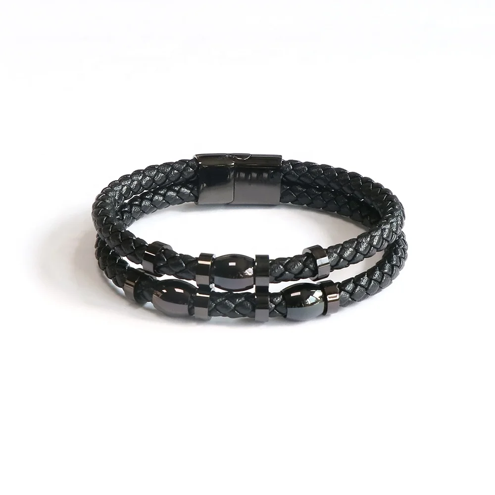 Magnetic Closure made of Stainless Steel Premium Genuine Leather Bracelet for Men in Black